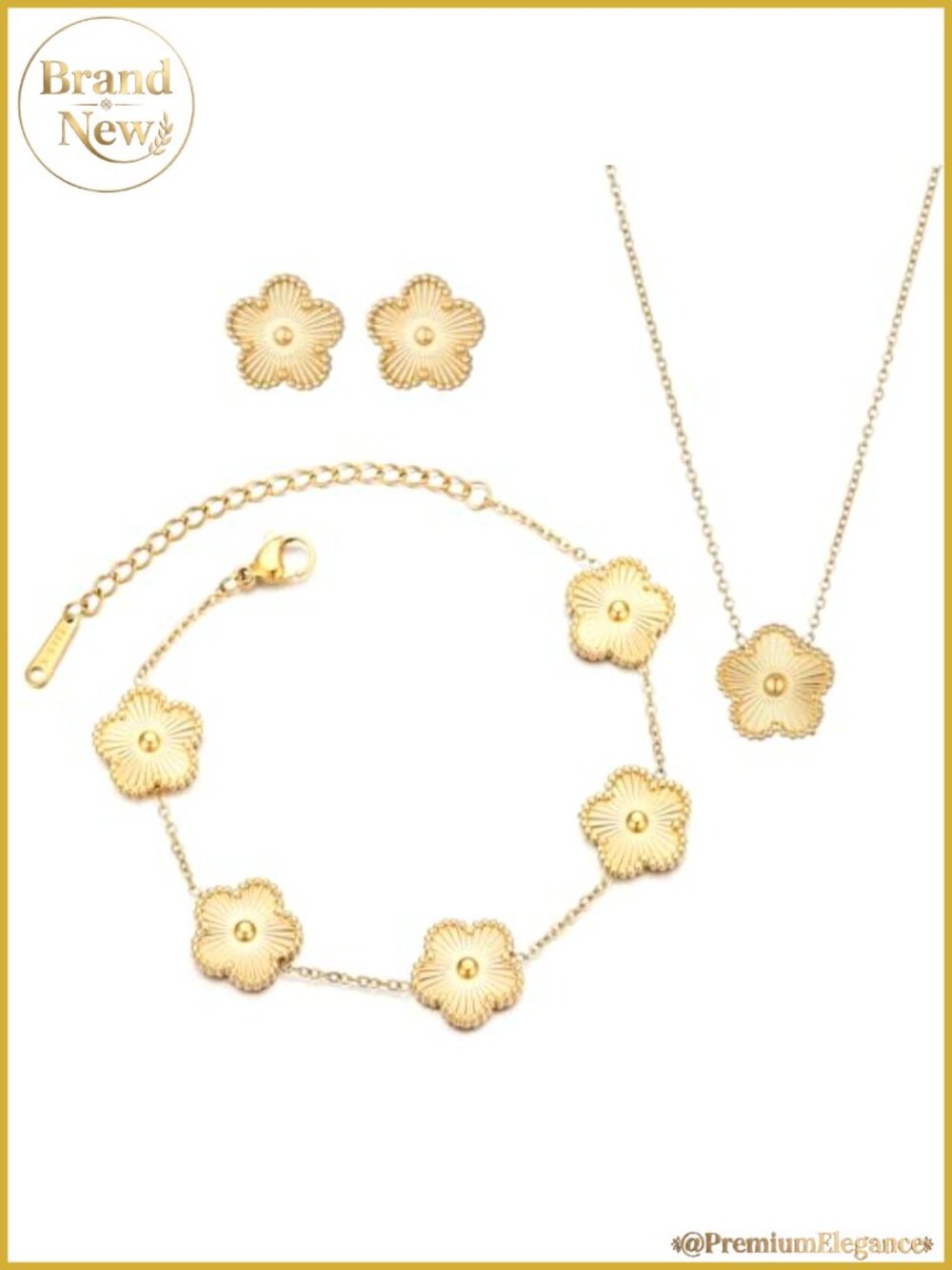 14K Gold Plated Four Leaf Clover Necklace and Earrings Set Stainless Steel